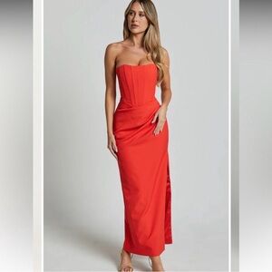 SHOWPO Avery Midi Dress Strapless Draped Side Split Dress in Orange - 8